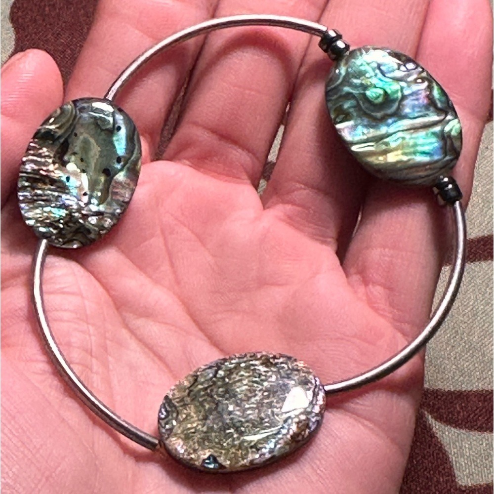 Handmade Maui Paua Abalone Shell Hematite Silver Stretch Bracelet M/L